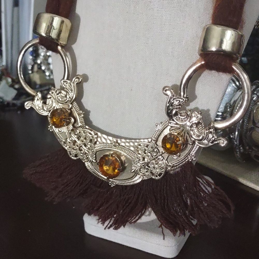 660 Women's Brown Fringe and Gold Costume Statement Necklace - Picture 2 of 6